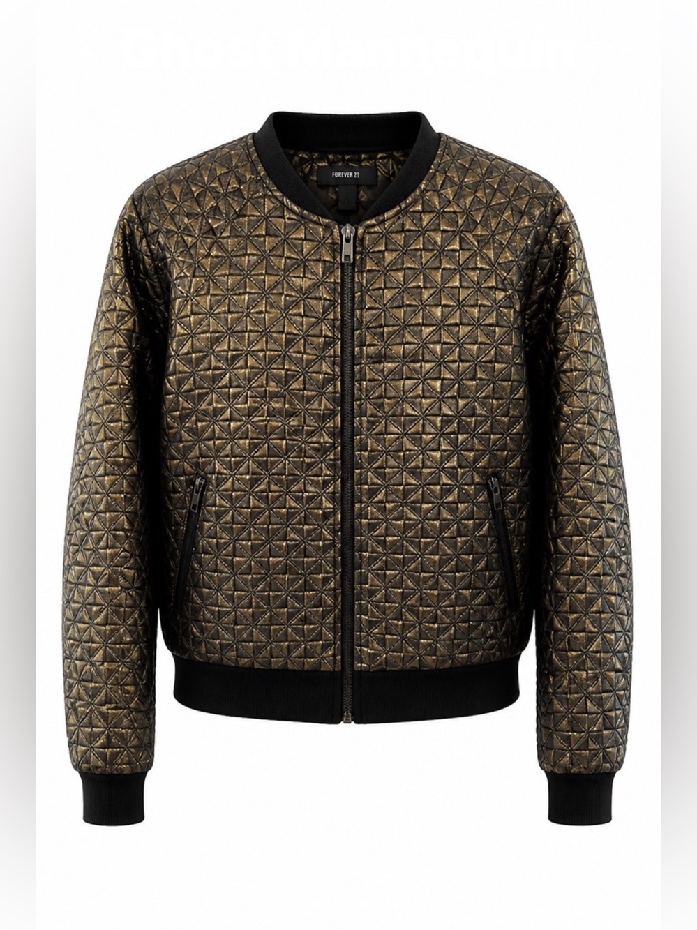Forever 21 Quilted Metallic Bomber Jacket - Metallic Gold and Black